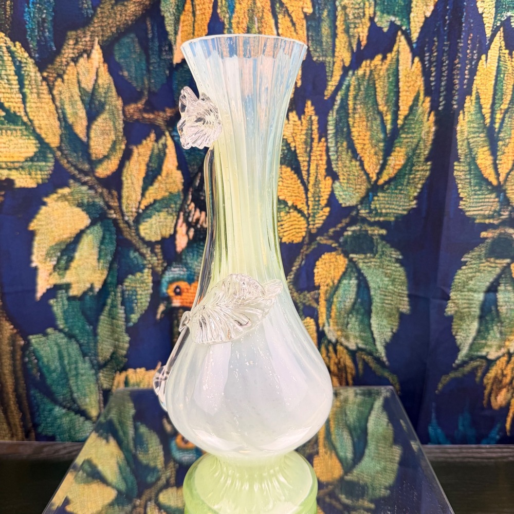 Uranium Art Glass Vase Opalescent Floral Applique 10" - Picture 3 of 9